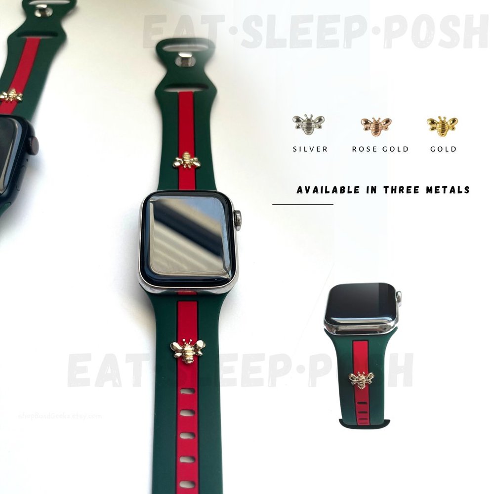 NEW Green and Red Watch Band For Apple Watch w/ 2 Silver or Gold Bees 42/44/45mm